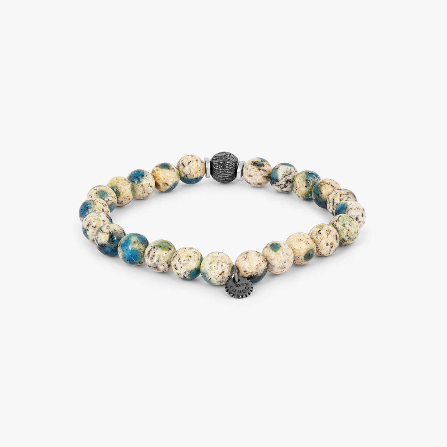 Lhasa Graffiato Beaded Bracelet in Rhodium Silver with Cream and Blue Azurite