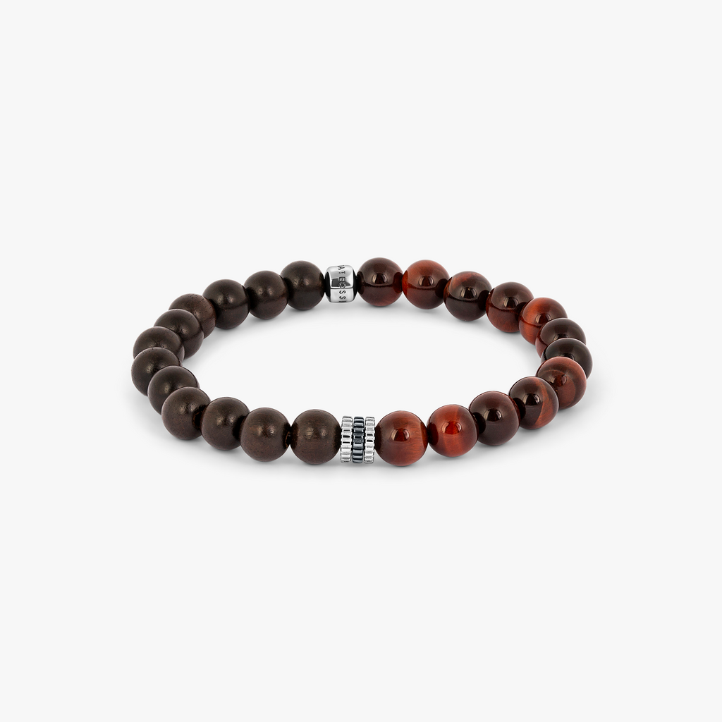 Gear Trio Semi - Precious Beaded Bracelet in Rhodium Silver with Red Tiger Eye