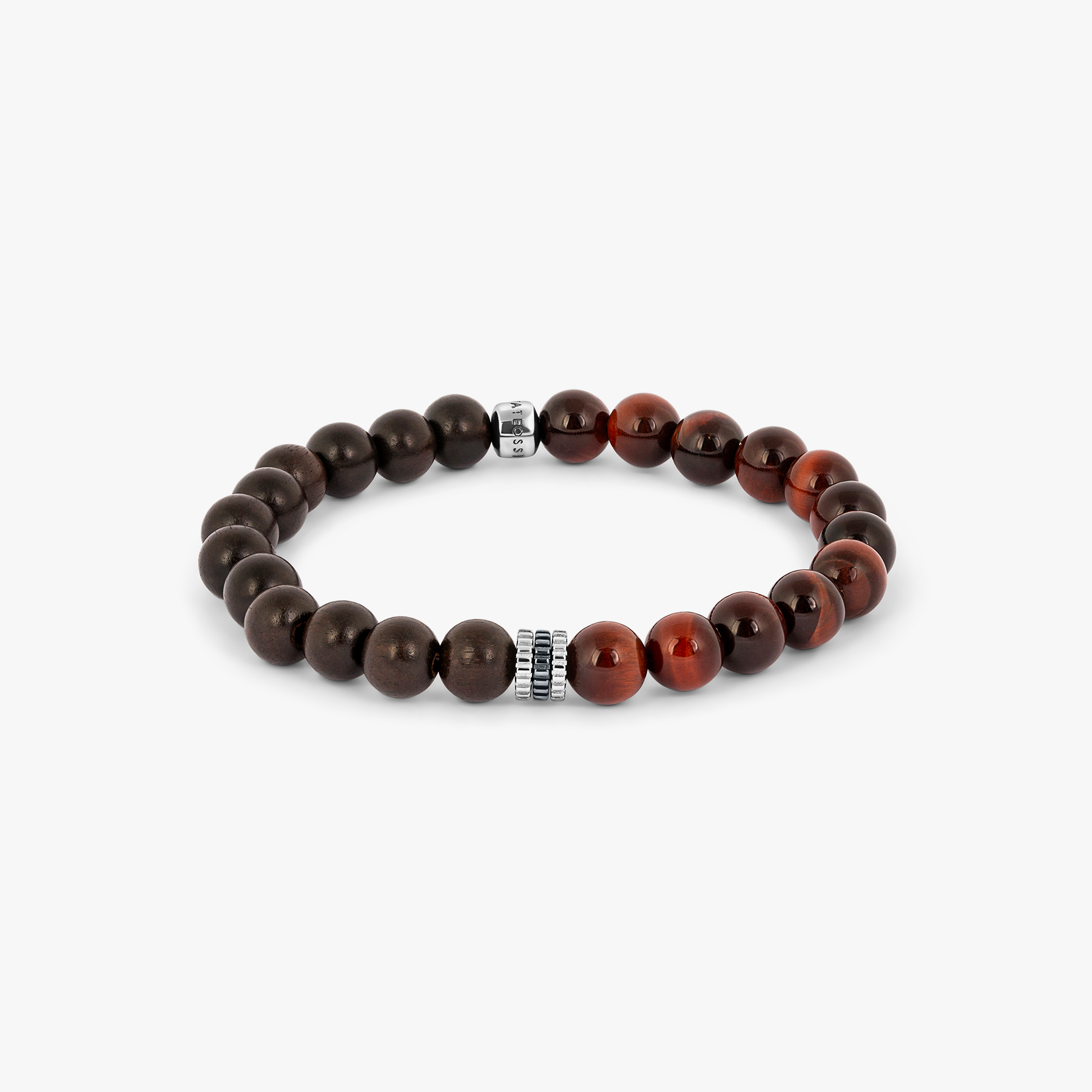 Gear Trio Semi - Precious Beaded Bracelet in Rhodium Silver with Red Tiger Eye