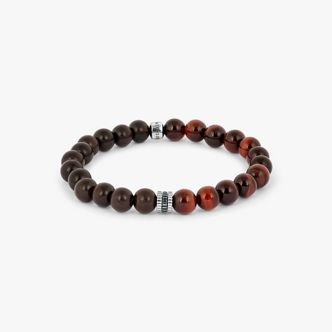 Gear Trio Beaded Bracelet in Rhodium Silver with Red Tiger Eye