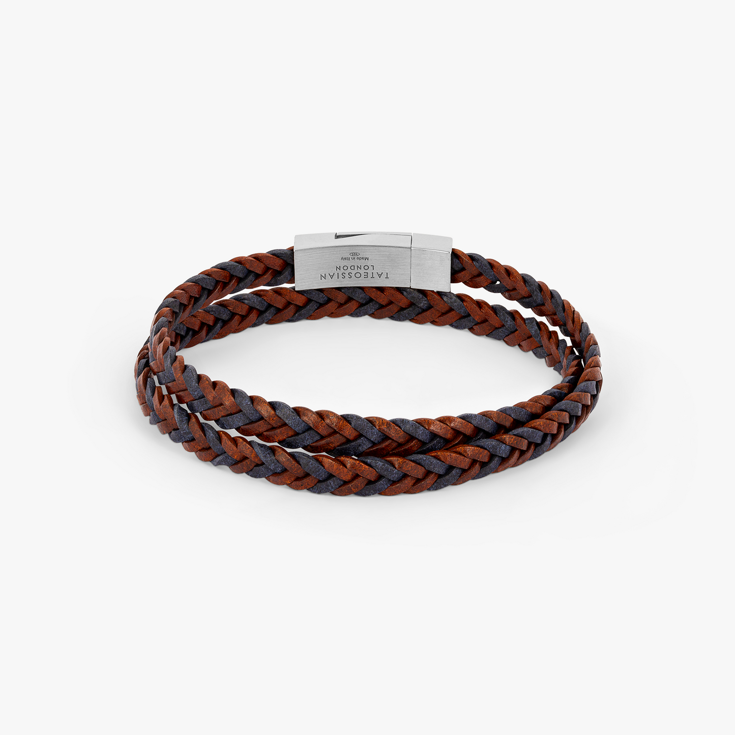 Herringbone Click Coda Di Volpe Pelle Leather Bracelet in Rhodium Silver with Blue and Brown