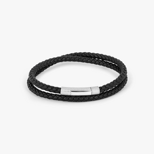 Giza Click Pelle Double Wrap Black Leather Bracelet in Rhodium Silver