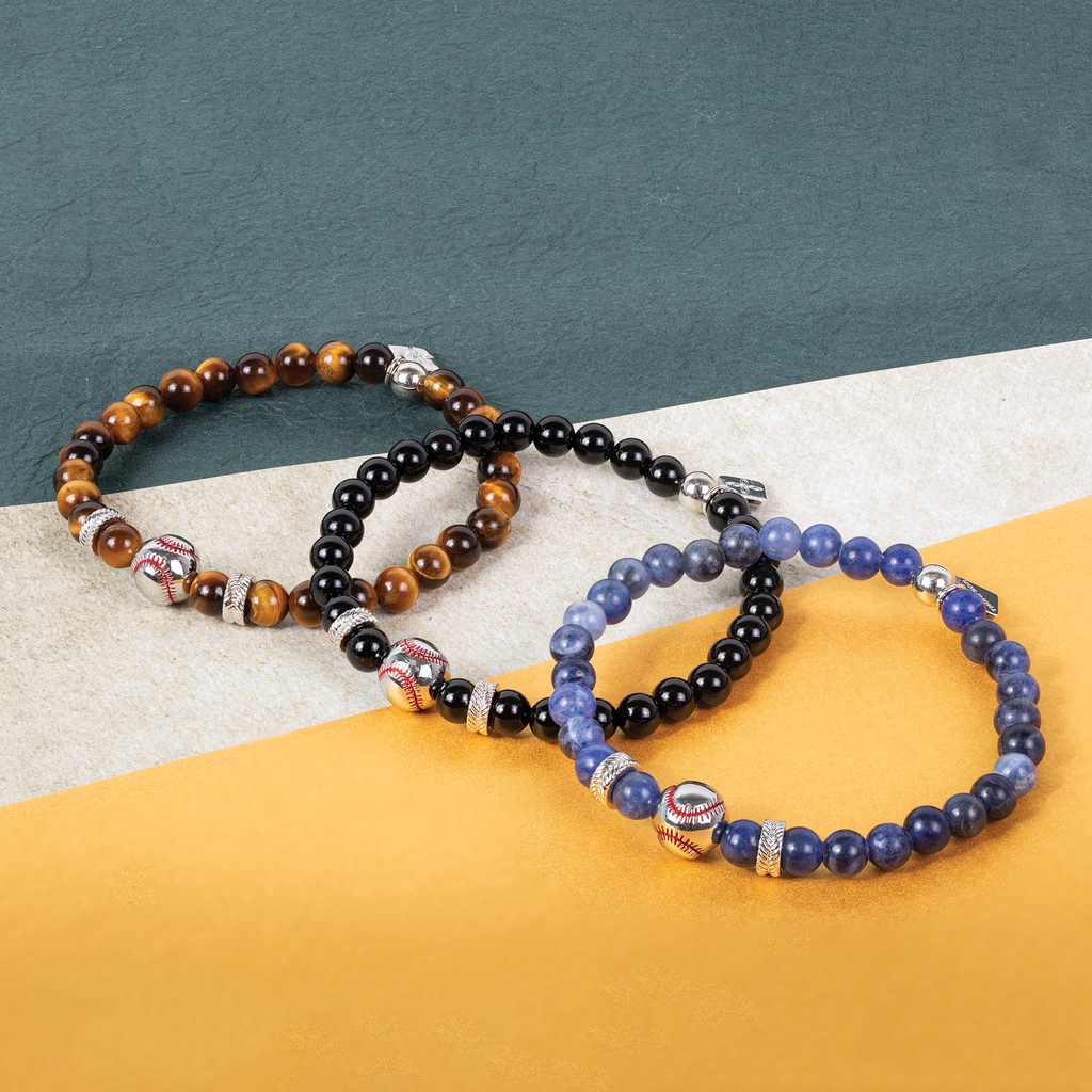 THOMPSON Baseball Beaded Bracelet in Stainless Steel with Blue Sodalite