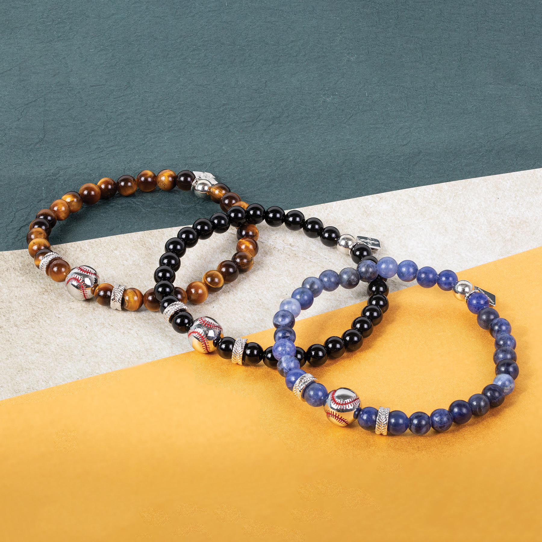 THOMPSON Baseball Beaded Bracelet in Stainless Steel with Blue Sodalite