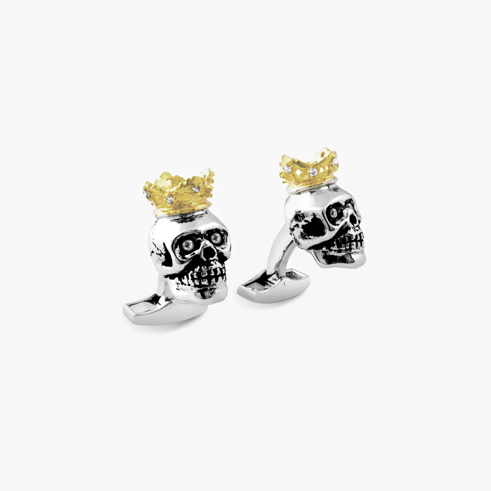 King Skull Cufflinks In Rhodium Silver With Gold Crown