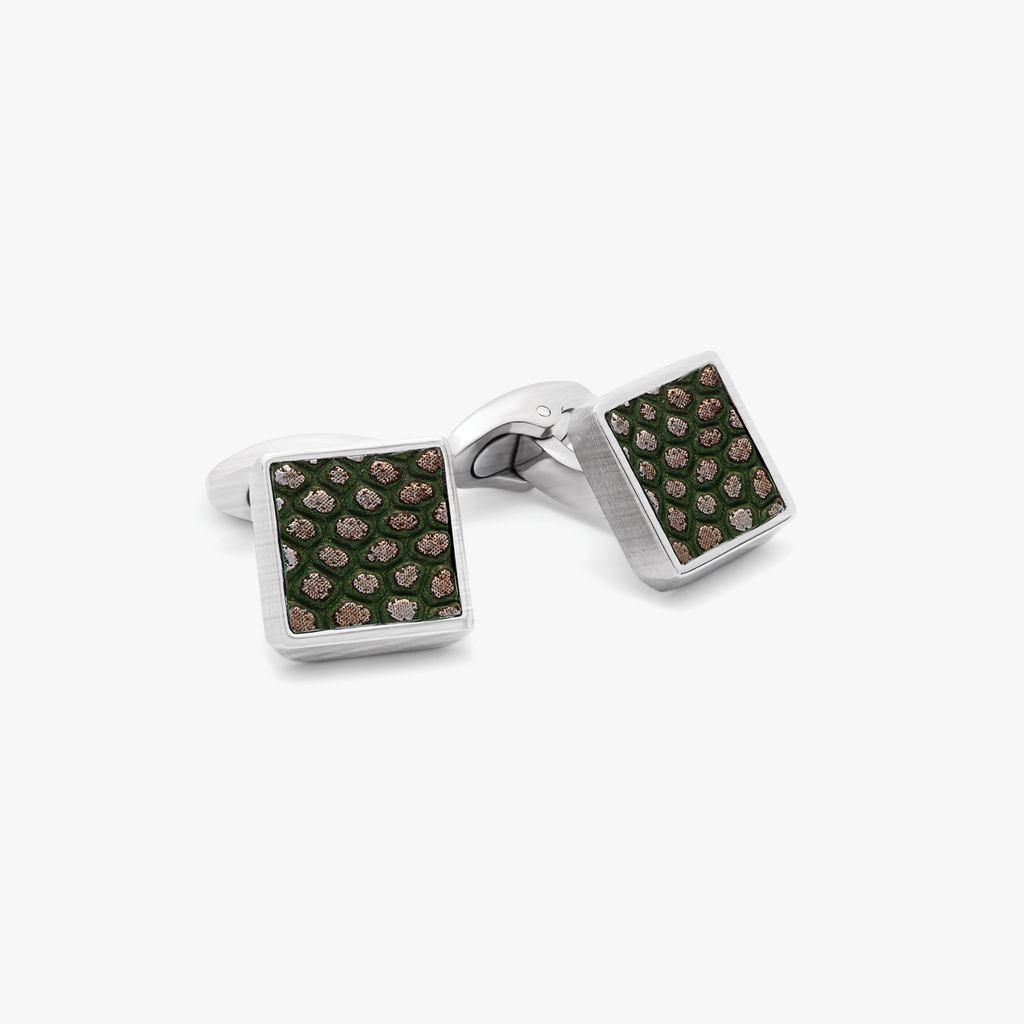Geometric Animal Print cufflinks with green leather in titanium