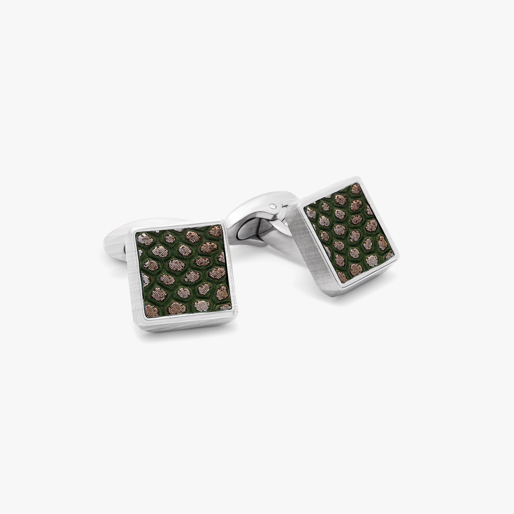 Geometric Animal Print cufflinks with green leather in titanium