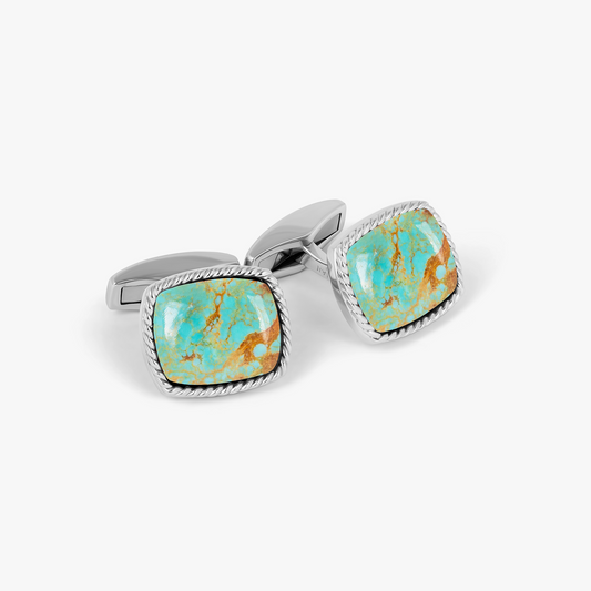 Cable Jasper Cufflinks in Rhodium Plated Silver with Amaroo Turquoise