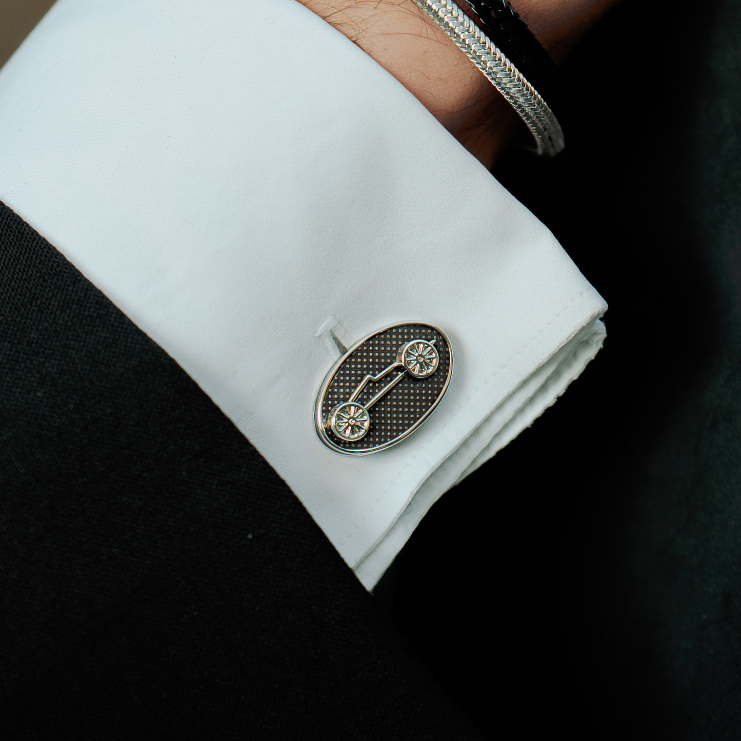 Sports Ice Racing Car Cufflinks in Palladium Plated with Black Enamel