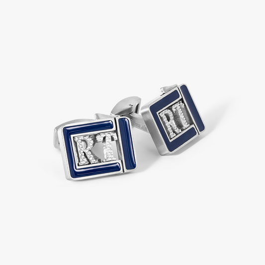 Grapheme Personalised Initials Cufflinks in Stainless Steel with Navy Enamel