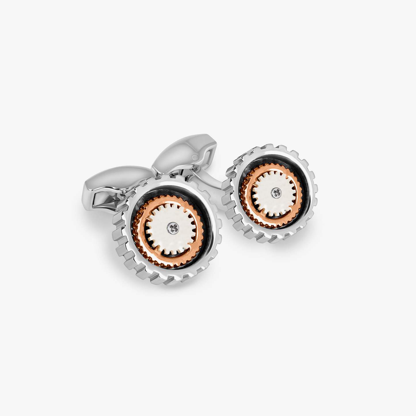 Rotare Gear Cufflinks in Rhodium Plated with White Mother of Pearl