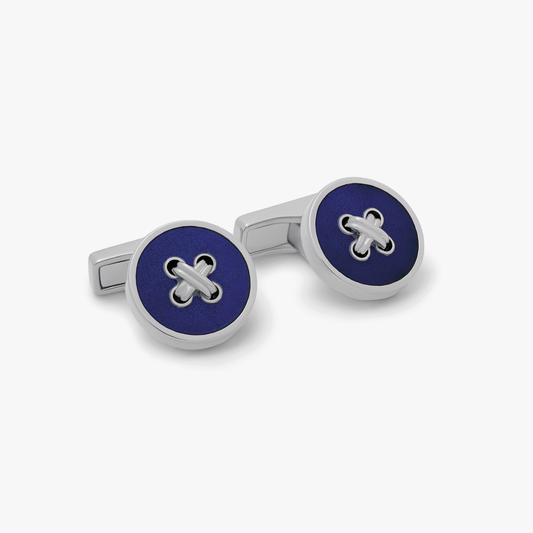 THOMPSON Tambor Button Cufflinks in Palladium Plated with Blue Enamel