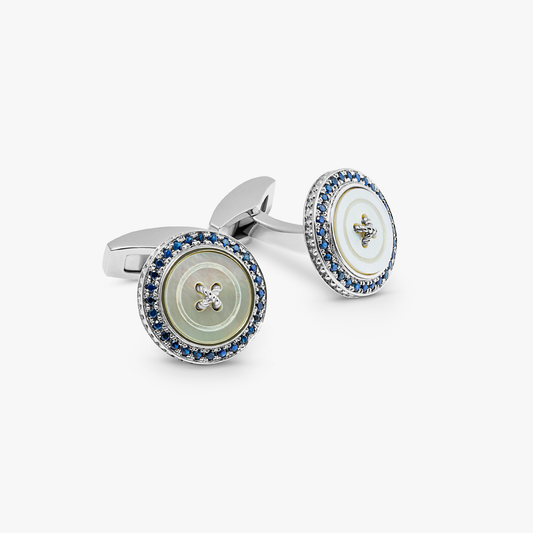 Precious Button cufflinks with white mother of pearl & sapphires