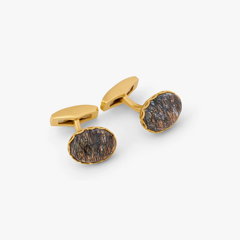 Black Rutilated Quartz cufflinks in yellow gold plated sterling silver (Limited Edition)