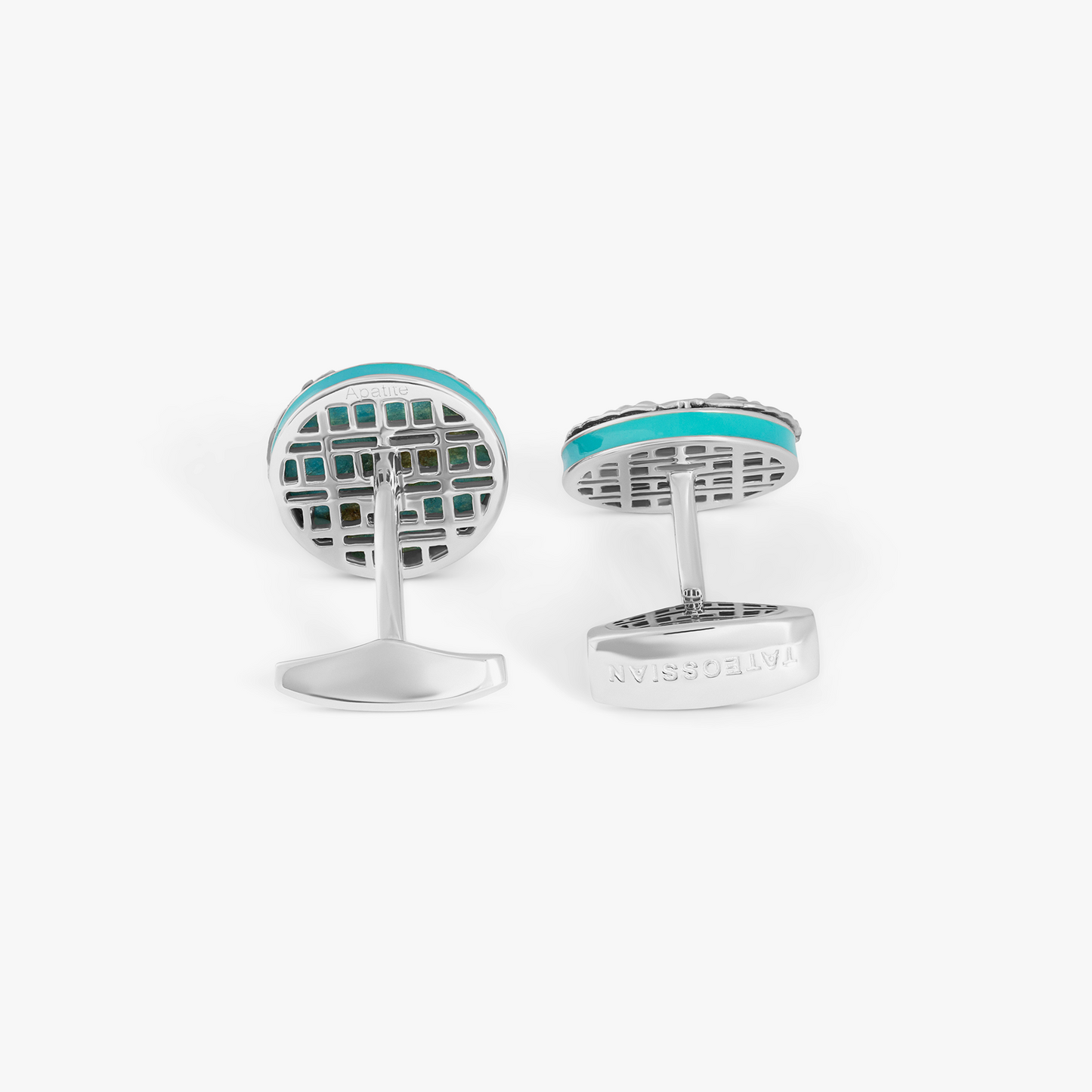 Rhodium plated sterling silver Laurel round cufflinks with apatite