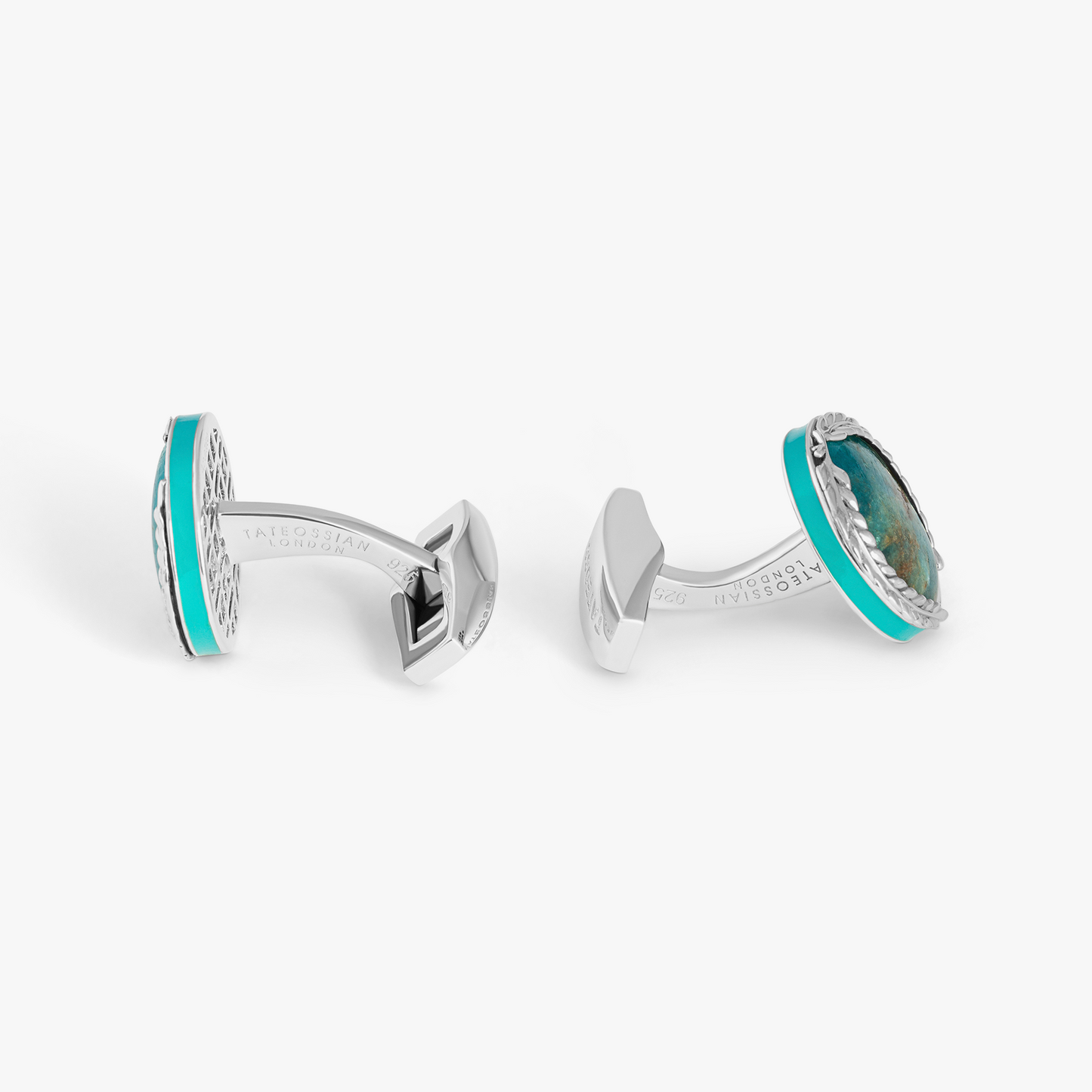 Rhodium plated sterling silver Laurel round cufflinks with apatite