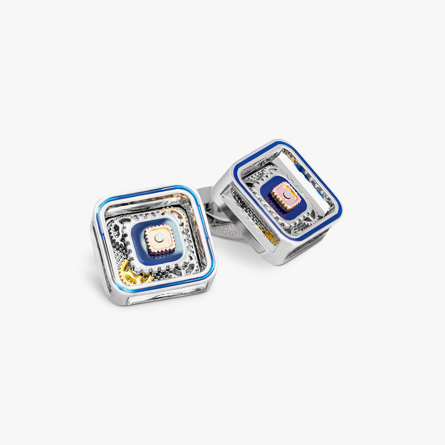 Quadrato Gear Cufflinks With Blue Enamel In Palladium Plated