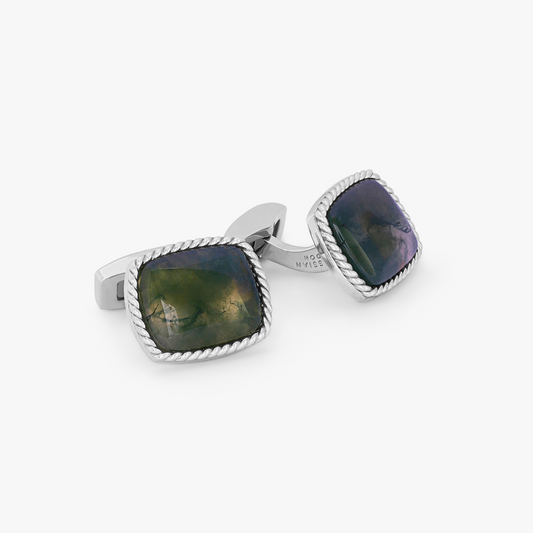 Cable Cufflinks In Sterling Silver with Green Moss Agate (Limitied Edition)