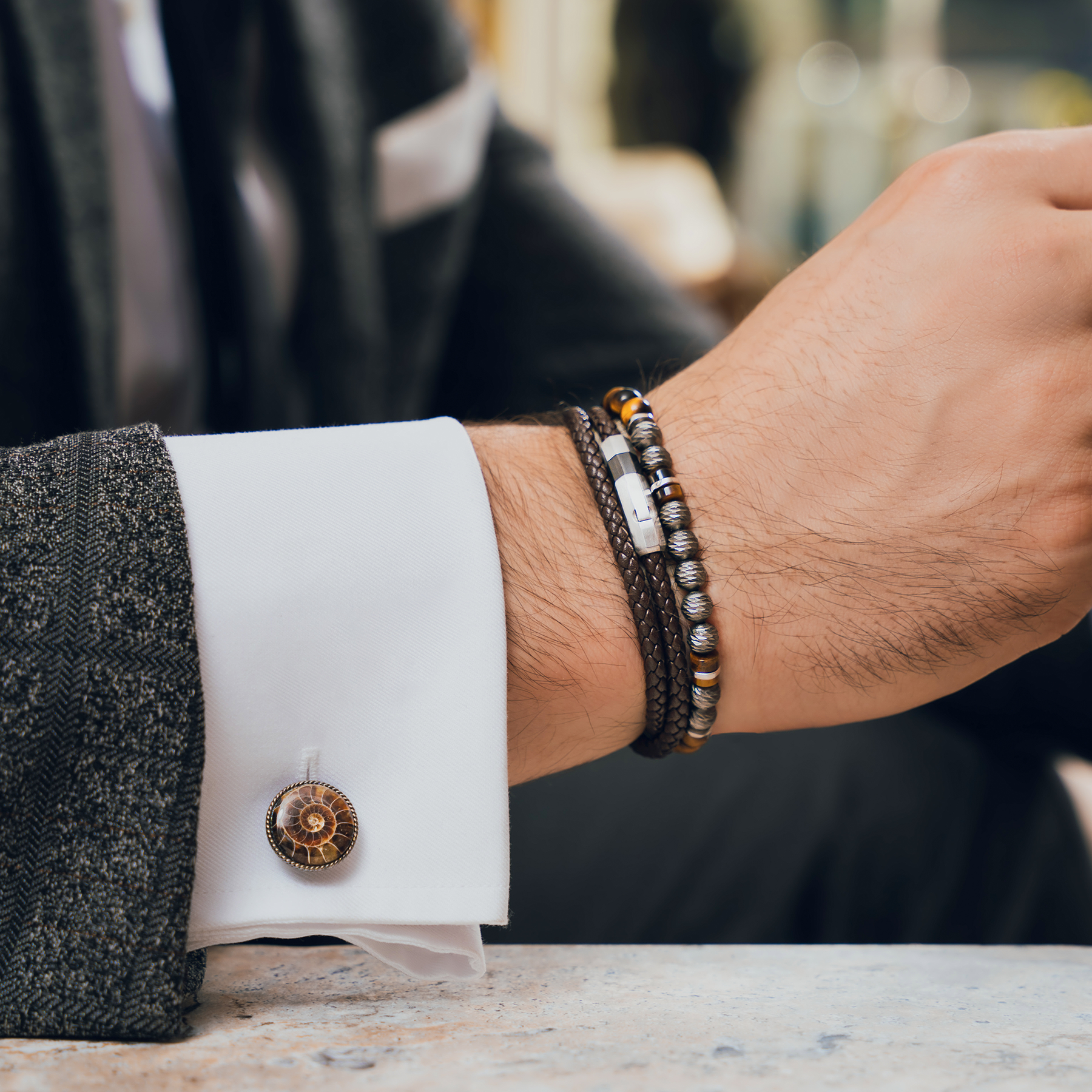 Octagon Click Pelle Double Wrap Leather Bracelet In Brown