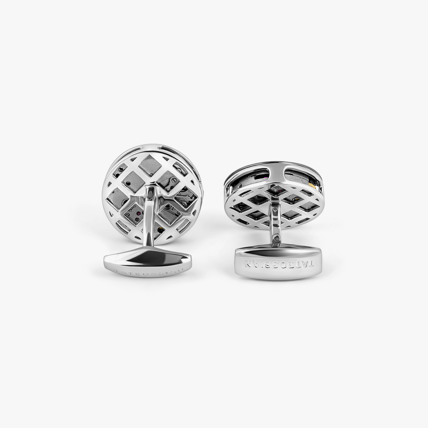 Deboss Round Skeleton Cufflinks in Rhodium Silver with Watch Movement