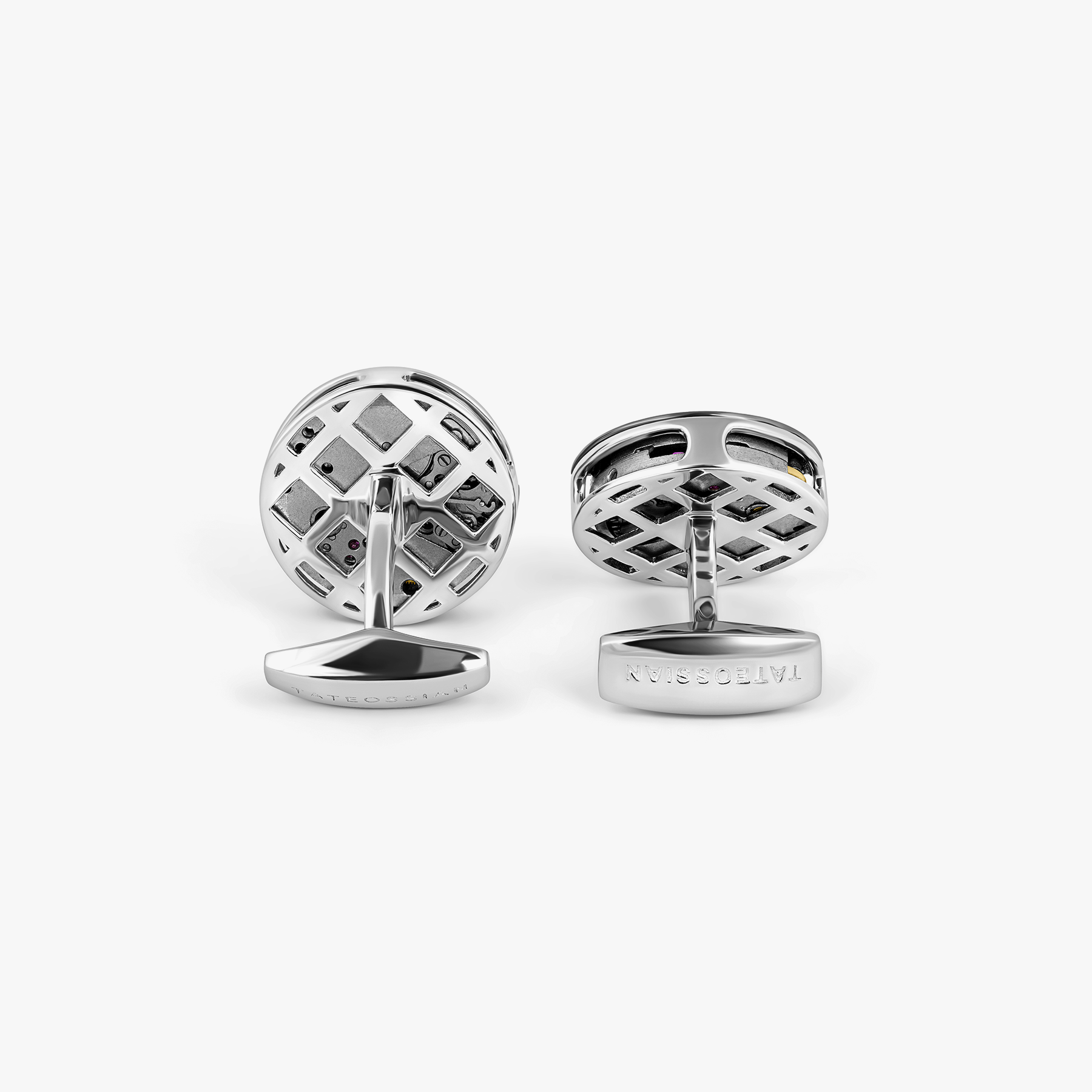 Deboss Round Skeleton Cufflinks in Rhodium Plated Silver with Watch Movement (Limited Edition)