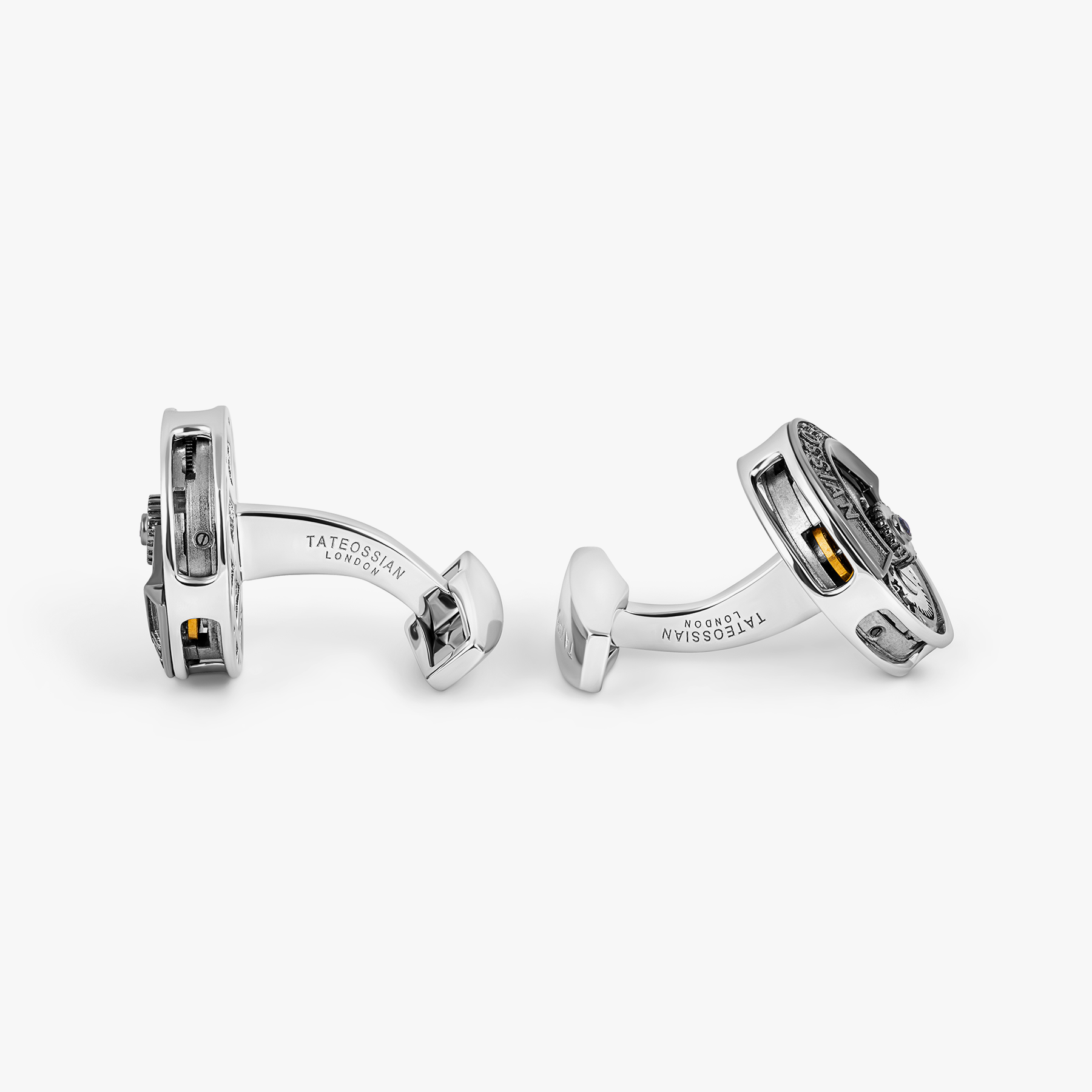 Deboss Round Skeleton Cufflinks in Rhodium Plated Silver with Watch Movement (Limited Edition)