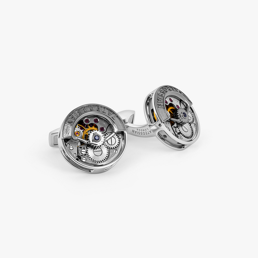 Deboss Round Skeleton Cufflinks in Rhodium Silver with Watch Movement