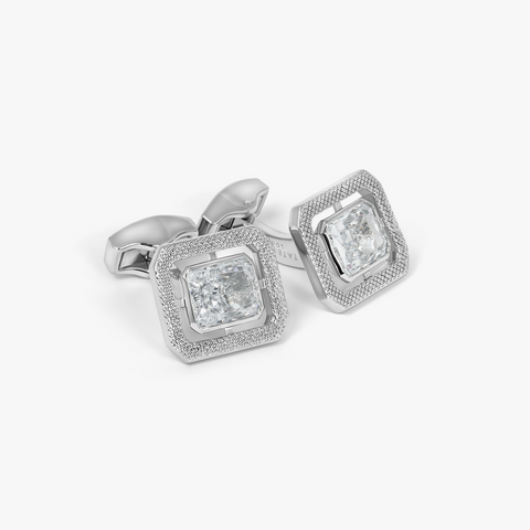 Halo Rectangular Cufflinks in Rhodium Plated with Clear Cubic Zirconia