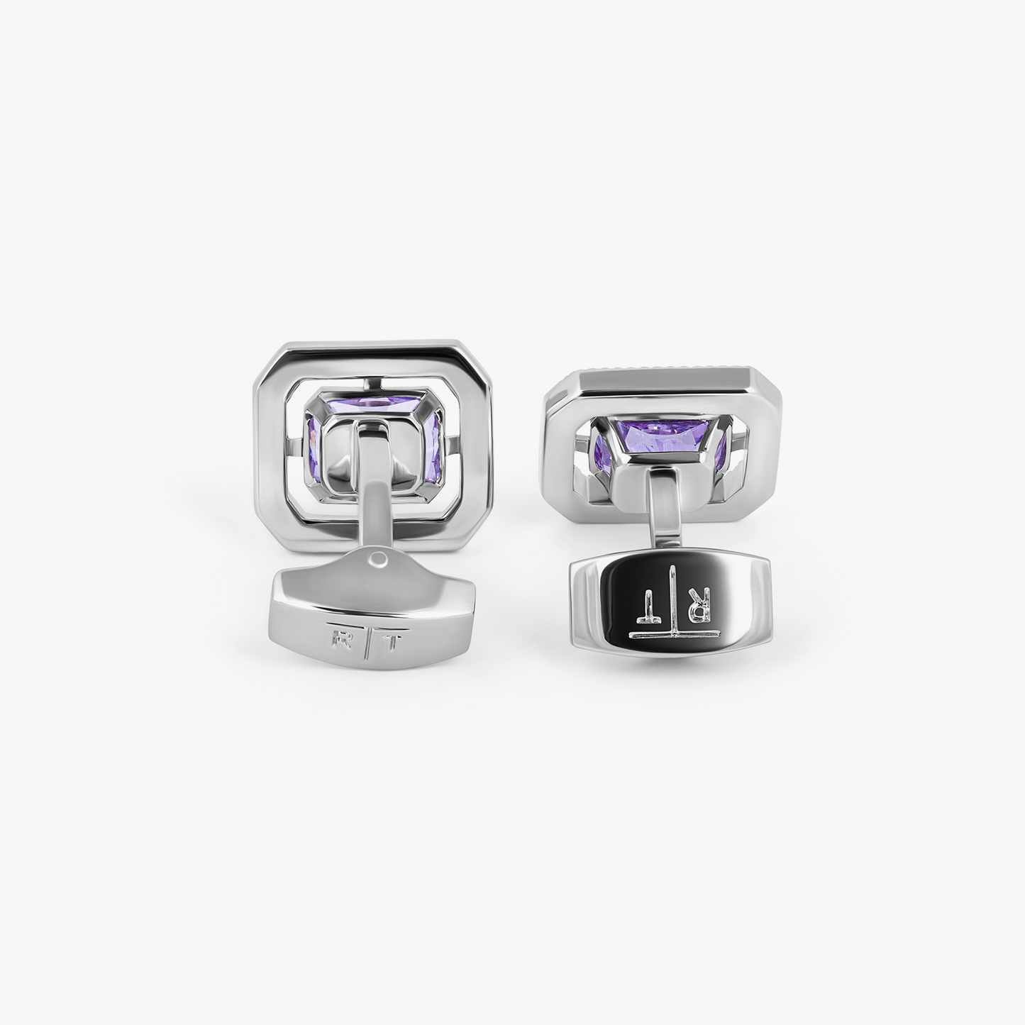 Halo Rectangular Cufflinks in Rhodium Plated with Lavender Cubic Zirconia