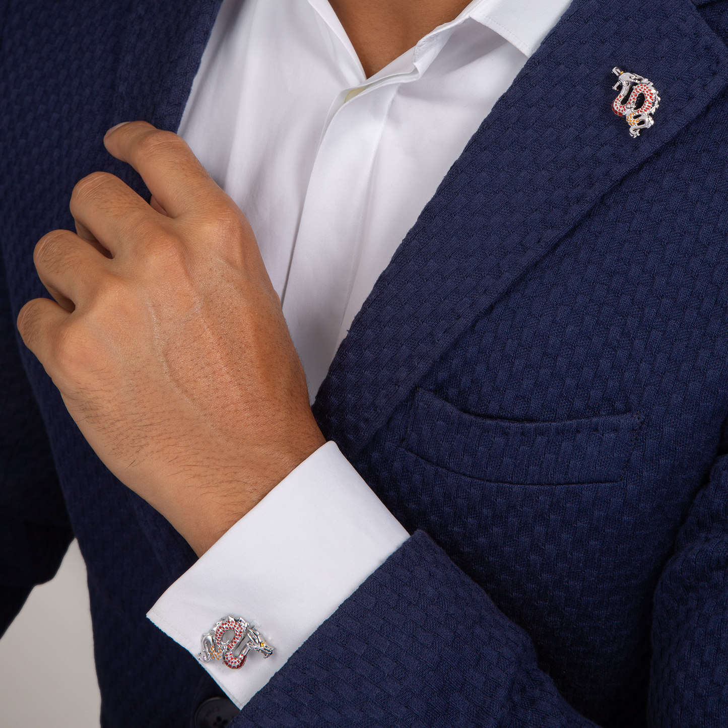 Year of the Dragon Pin In White Bronze Plater with Red & Orange Enamel