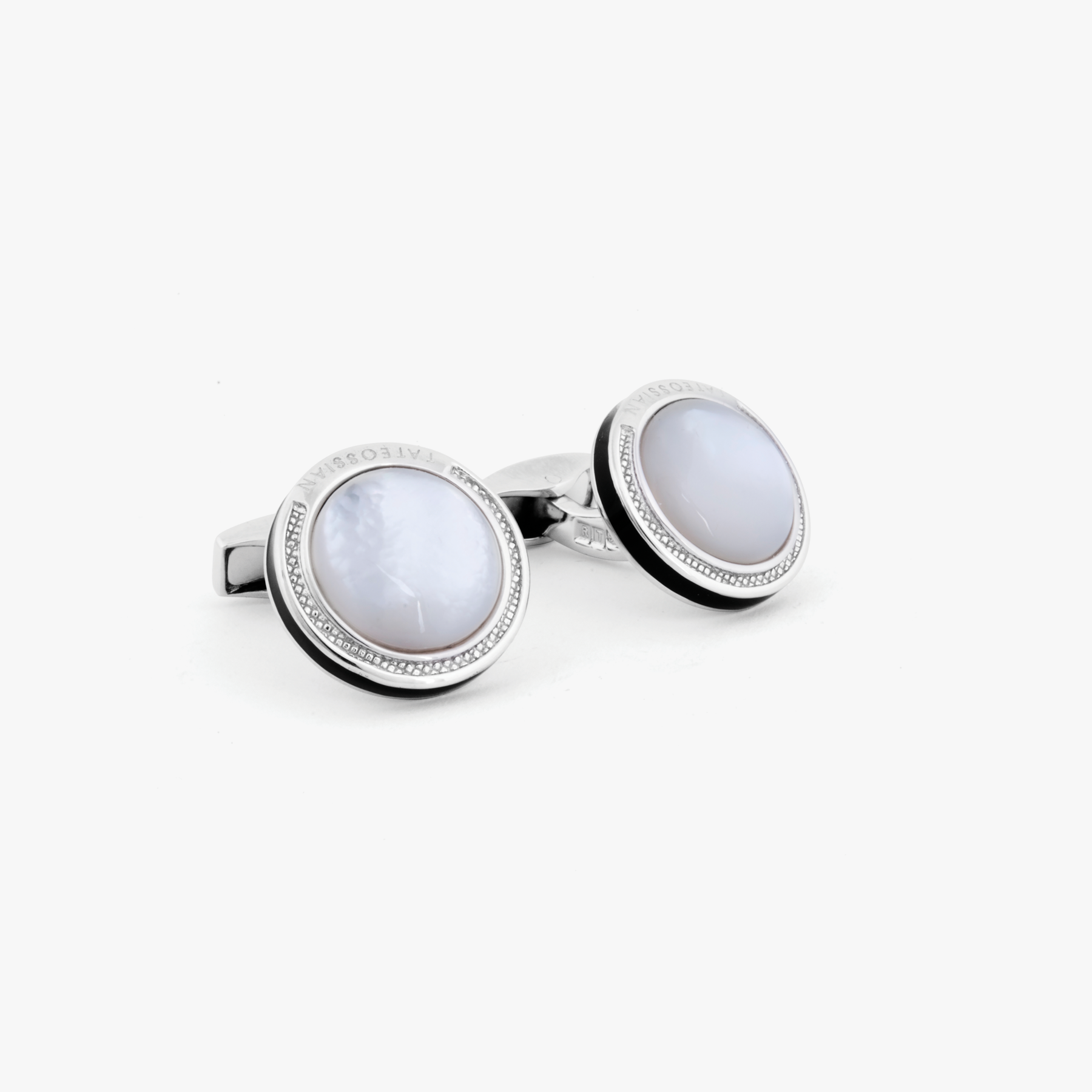 Sterling silver Signature Round cufflinks with white mother of pearl