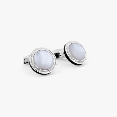 Signature Round Cufflinks in Rhodium Plated Silver with White