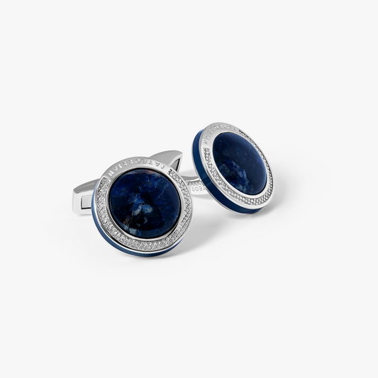 Signature Round Cufflinks in Rhodium Plated Silver with Sodalite