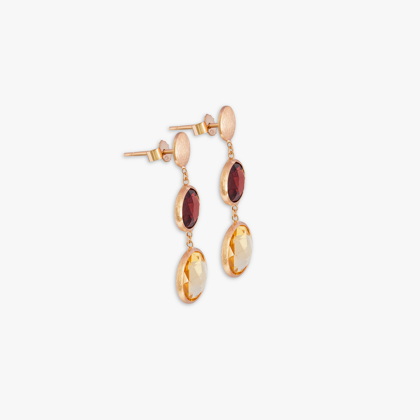 Kensington Double Drop Earrings In 14K Satin Rose Gold with Garnet and Citrine