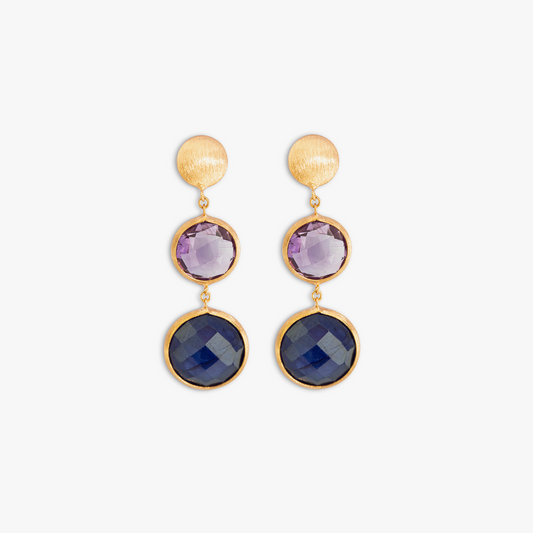 Kensington Double Drop Earrings In 14K Satin Rose Gold with Sapphire and Amethyst