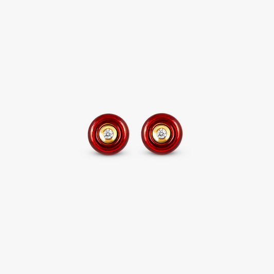 Round Diamond Stud Earrings in 18K Rose Gold with Red Enamel