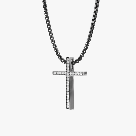 Diamond Cross Necklace In Black Rhodium Plated Silver