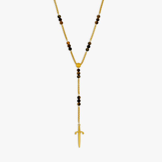 Capri Dagger Rosary Necklace With 18K Yellow Gold Plated Silver & Tiger Eye