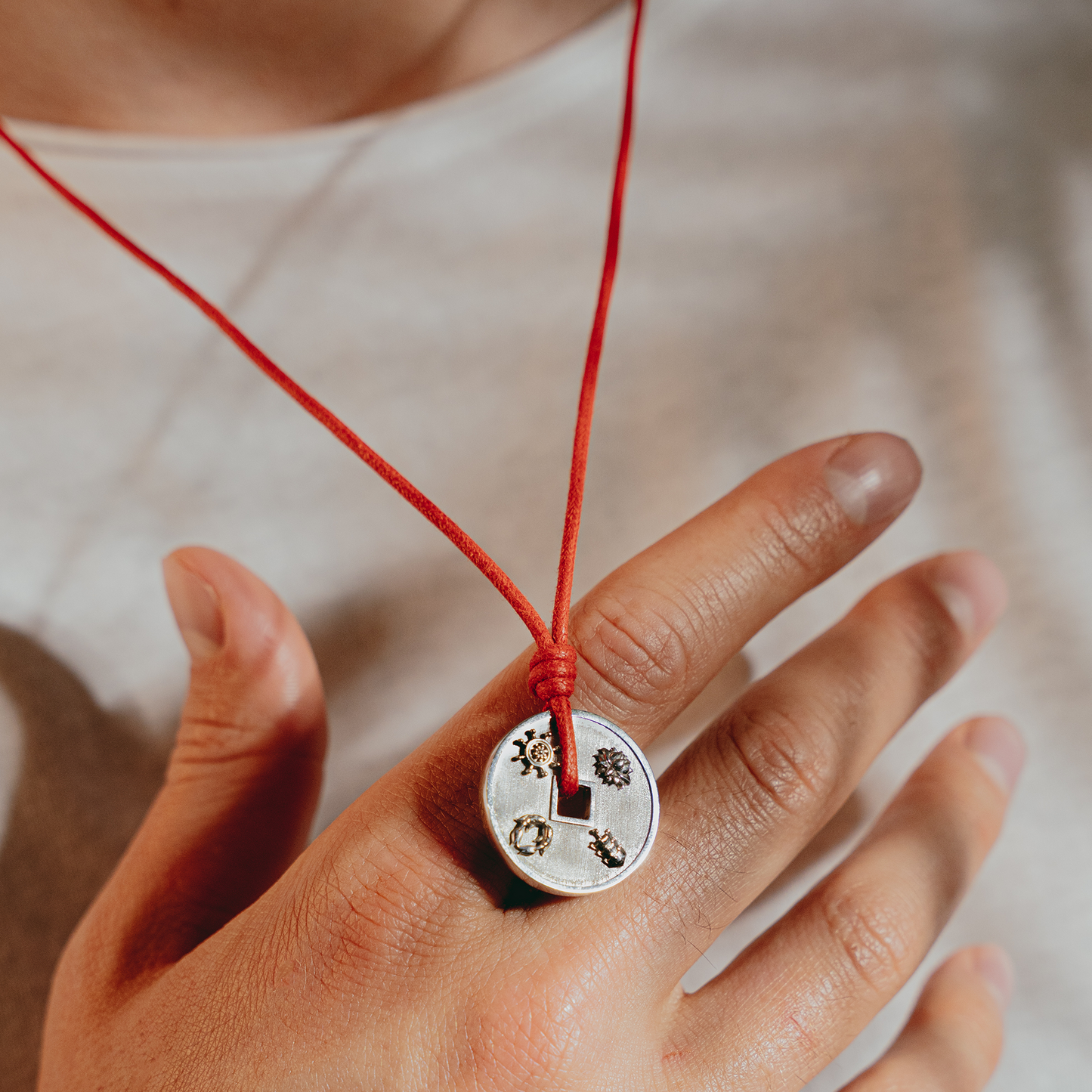 Lhasa Auspicious Coin Cord Necklace In Red