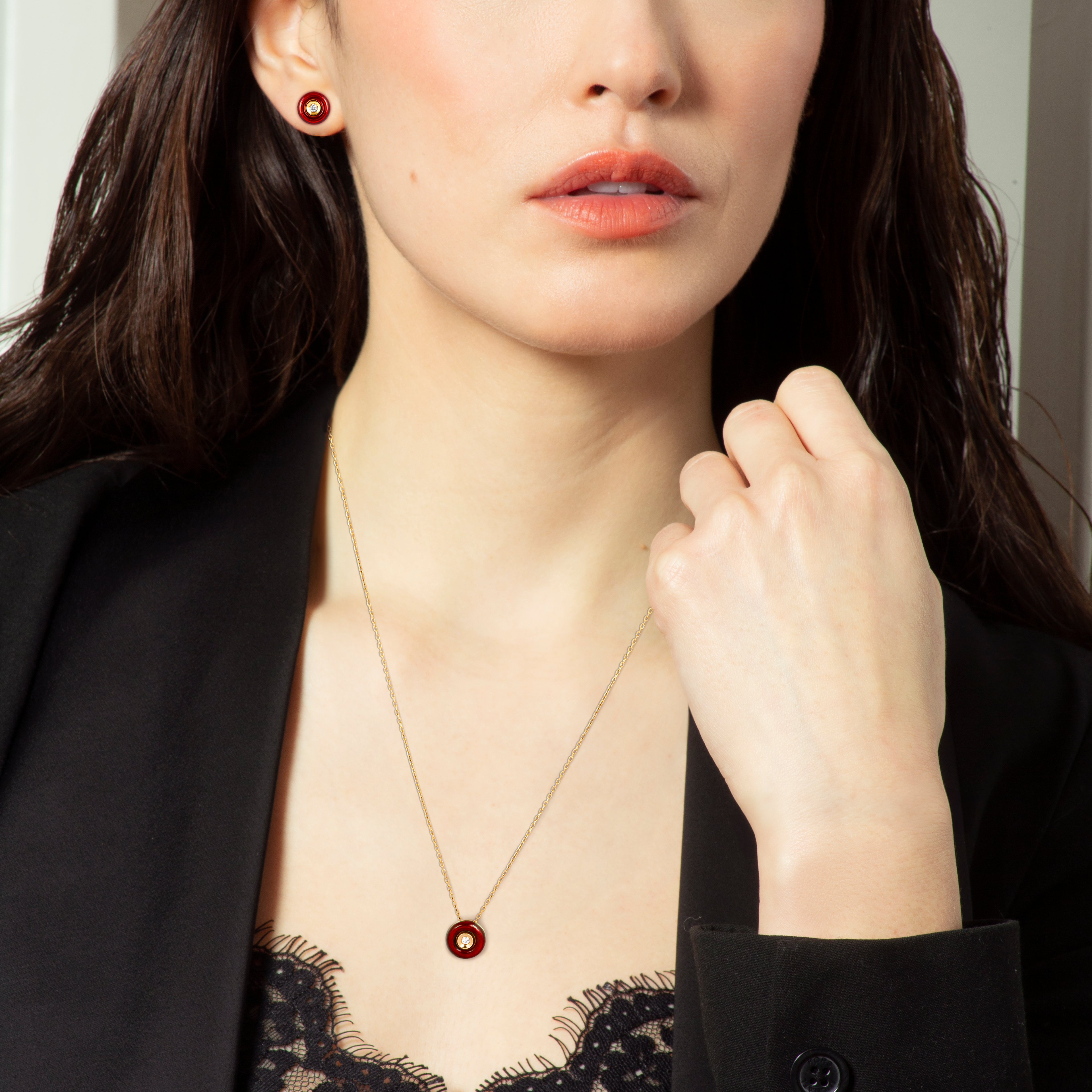 Round Diamond Pendant Necklace in 18K Rose Gold with Red Enamel Round Diamond Pendant Necklace in 18K Rose Gold with Red Enamel