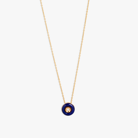 Round Diamond Pendant Necklace in 18K Rose Gold with Blue Enamel