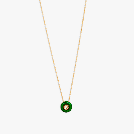 Round Diamond Pendant Necklace in 18K Rose Gold with Green Enamel