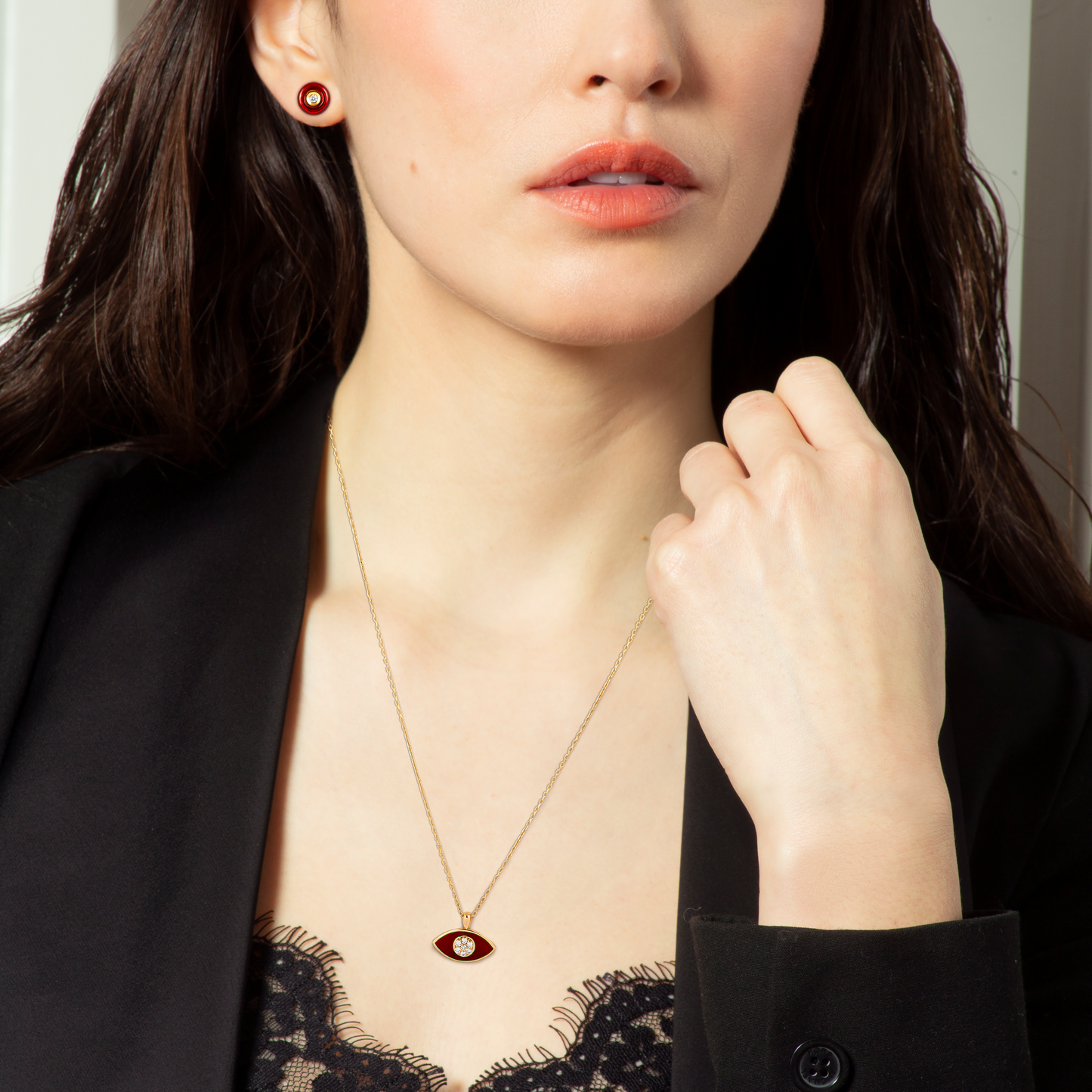 Marquise Diamond Pendant Necklace in 18K Rose Gold with Red Enamel