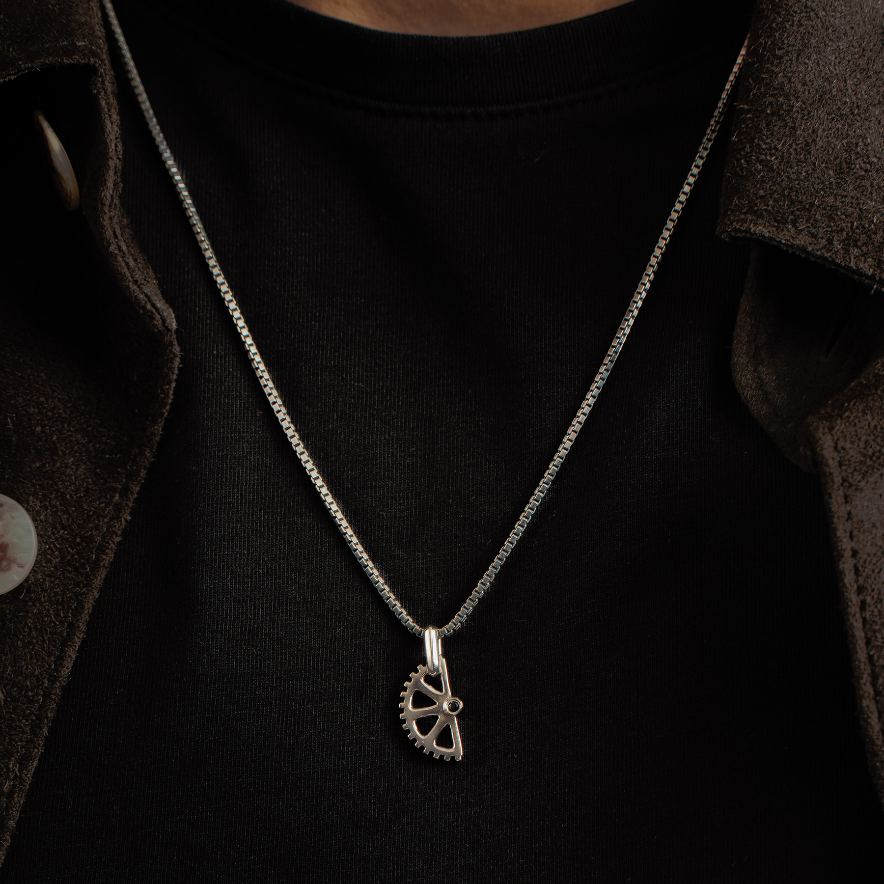 Puzzle Gear Box Chain Necklace in Rhodium Plated Silver