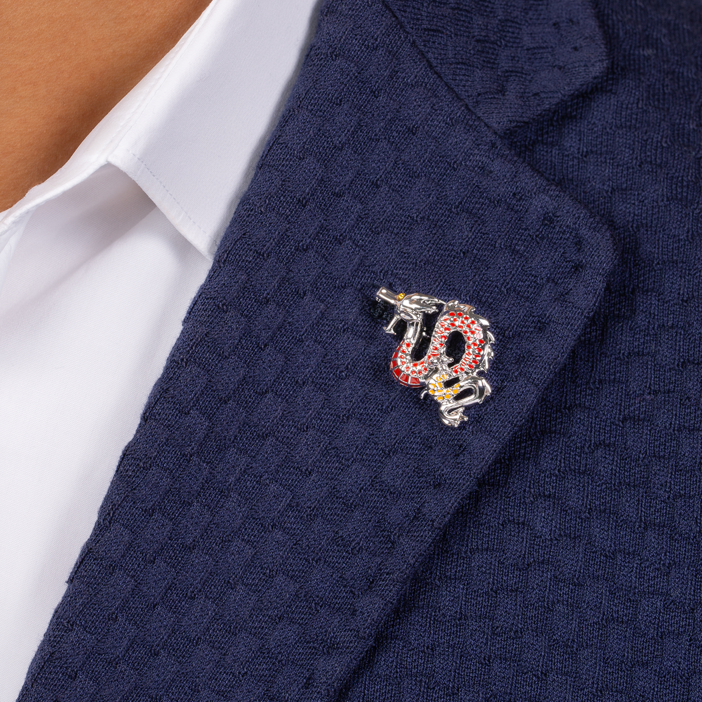 Year of the Dragon Pin In White Bronze Plater with Red & Orange Enamel