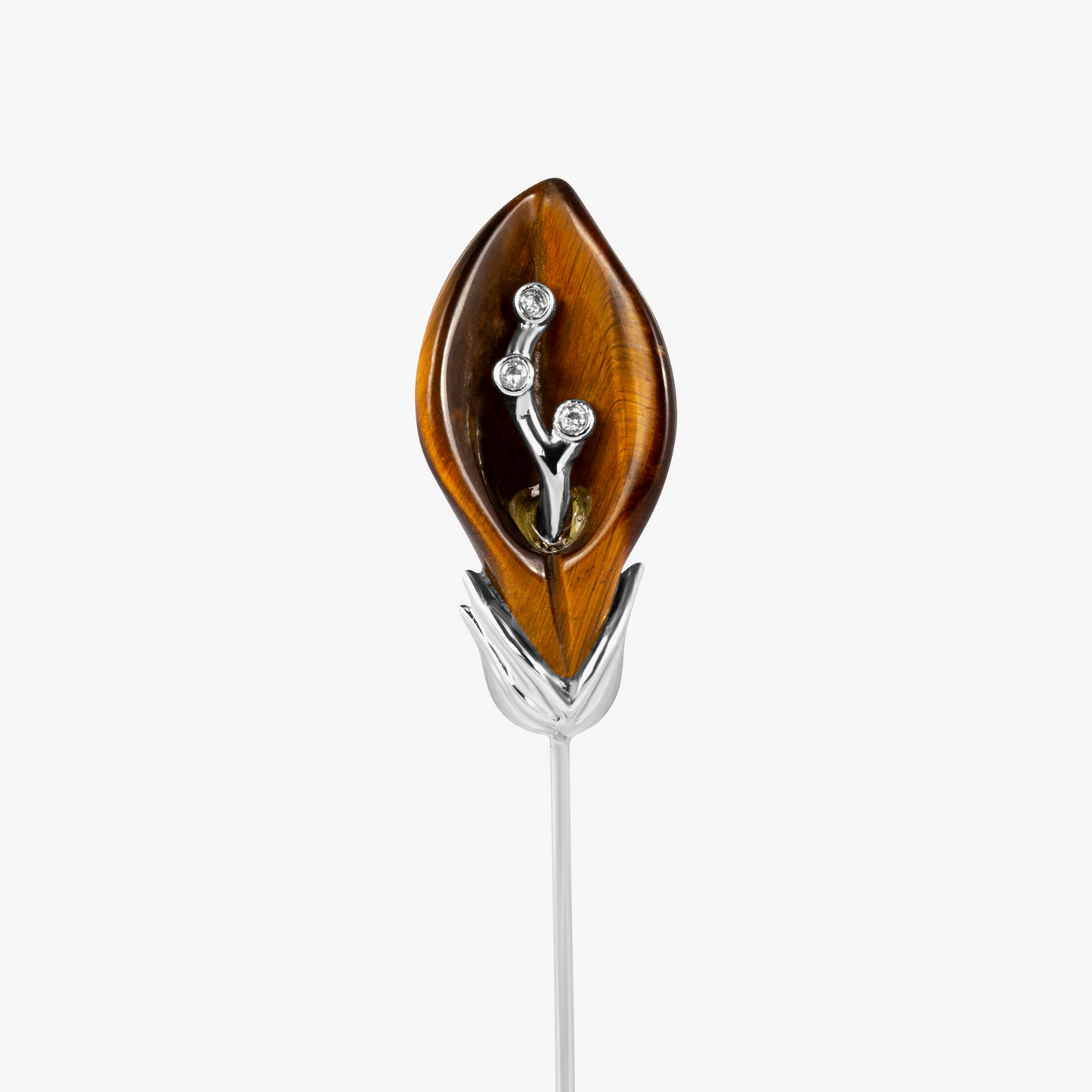 Calas Flower Pin in Palladium Plated with Tiger Eye