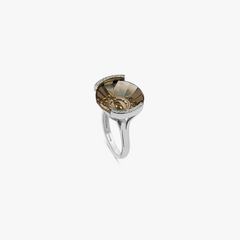 Rare Stone Ring with smokey quartz and white diamond in 18K white gold (UK) 1