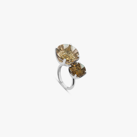 Rare double stone ring with 18K white gold and smoky quartz (UK) 1