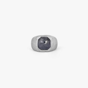 Doppione Signet Ring in Rhodium Silver with Grey Hematite