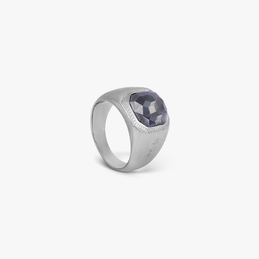 Doppione Signet Ring in Rhodium Silver with Grey Hematite